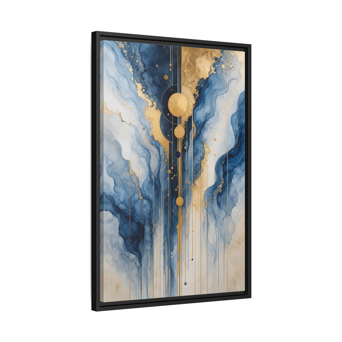 Side Mockup 14. Abstract Fluid Abstract Blue And Gold Abstract shown as stretched canvas wall art