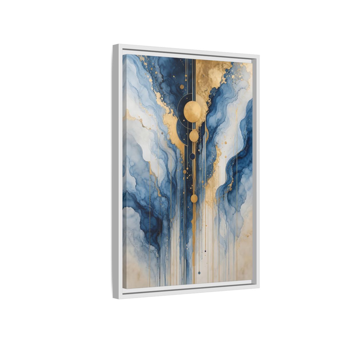 Side Mockup 1. Abstract Fluid Abstract Blue And Gold Abstract shown as stretched canvas wall art