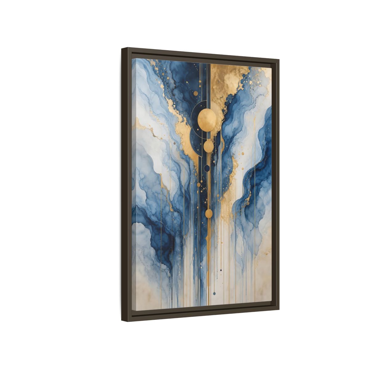 Side Mockup 2. Abstract Fluid Abstract Blue And Gold Abstract shown as stretched canvas wall art