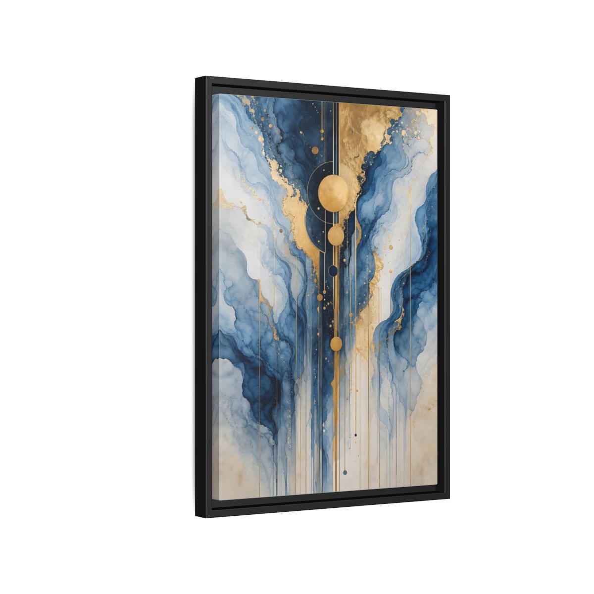 Side Mockup 3. Abstract Fluid Abstract Blue And Gold Abstract shown as stretched canvas wall art