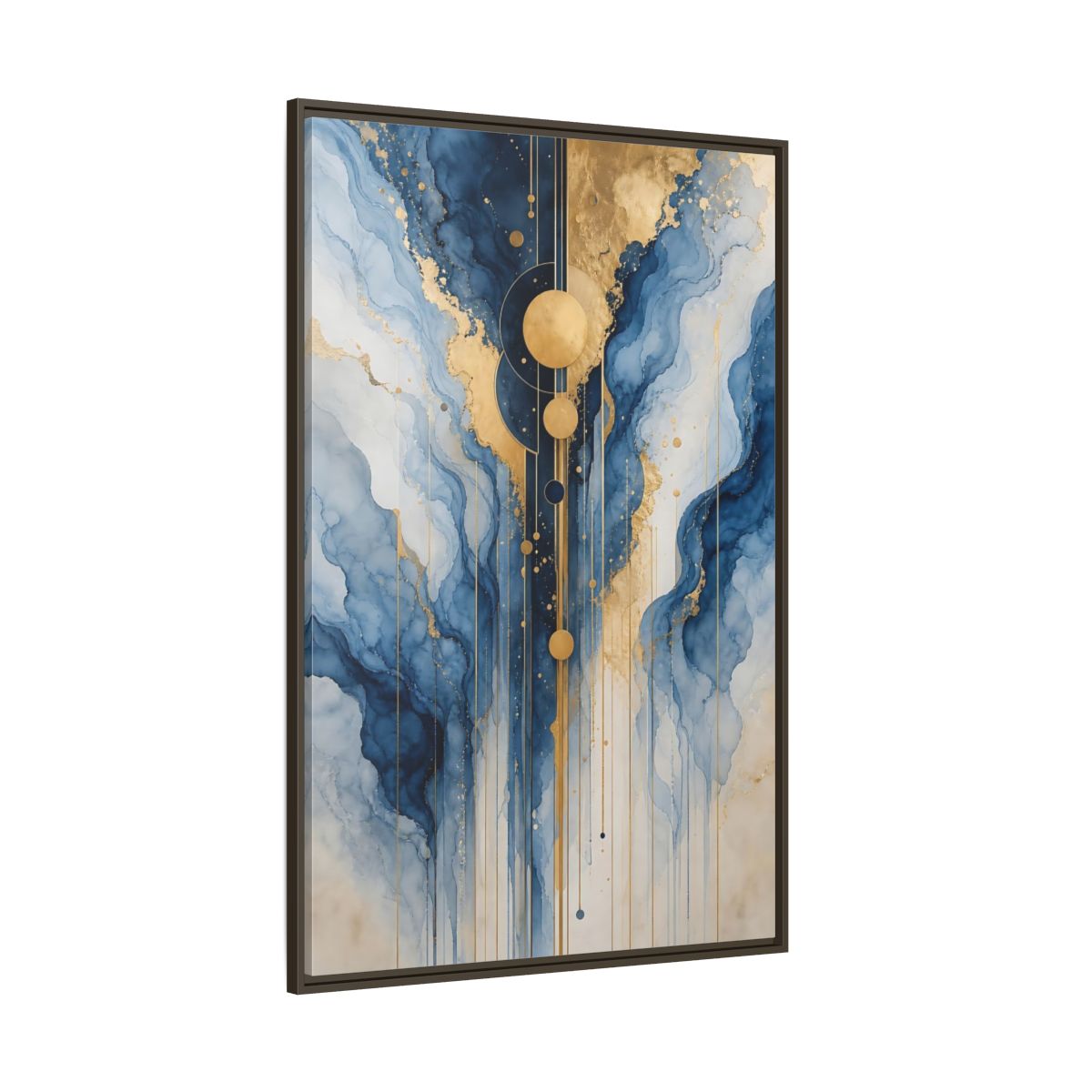 Side Mockup 8. Abstract Fluid Abstract Blue And Gold Abstract shown as stretched canvas wall art