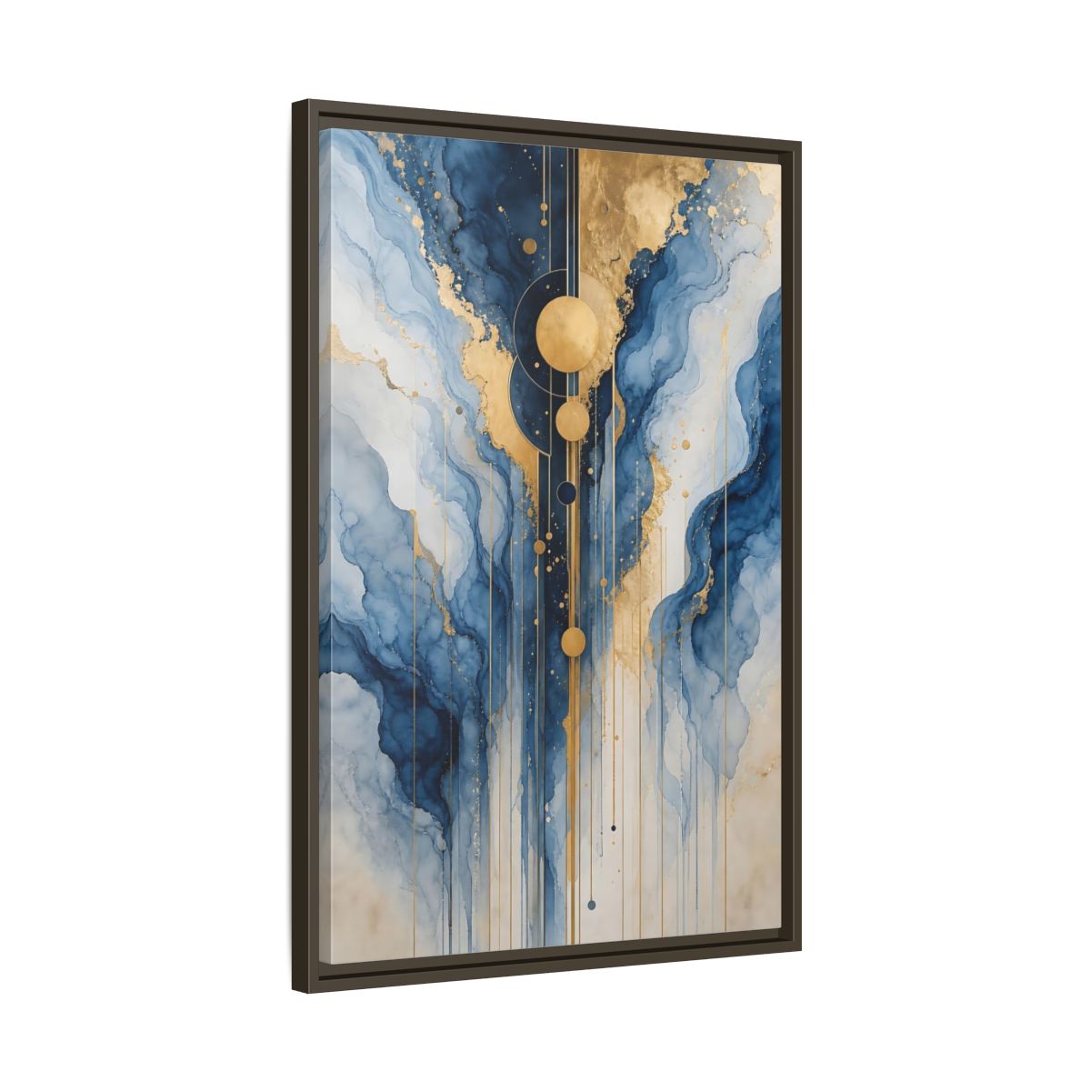 Side Mockup 11. Abstract Fluid Abstract Blue And Gold Abstract shown as stretched canvas wall art