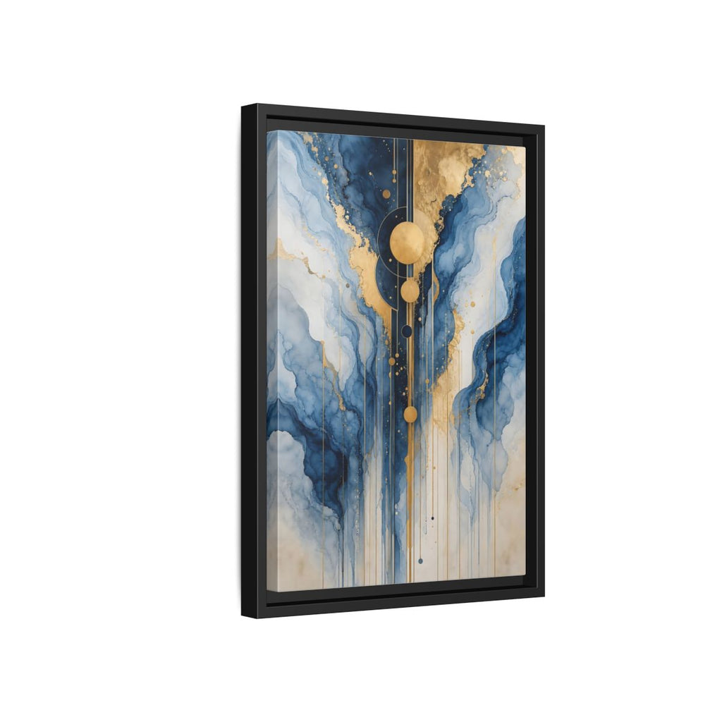 Side Mockup 6. Abstract Fluid Abstract Blue And Gold Abstract shown as stretched canvas wall art