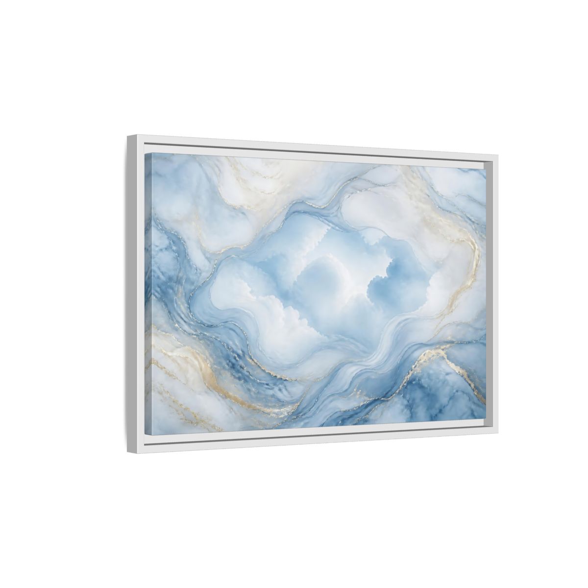 Side Mockup 1. Abstract Fluid Abstract Blue Gold Abstract shown as stretched canvas wall art