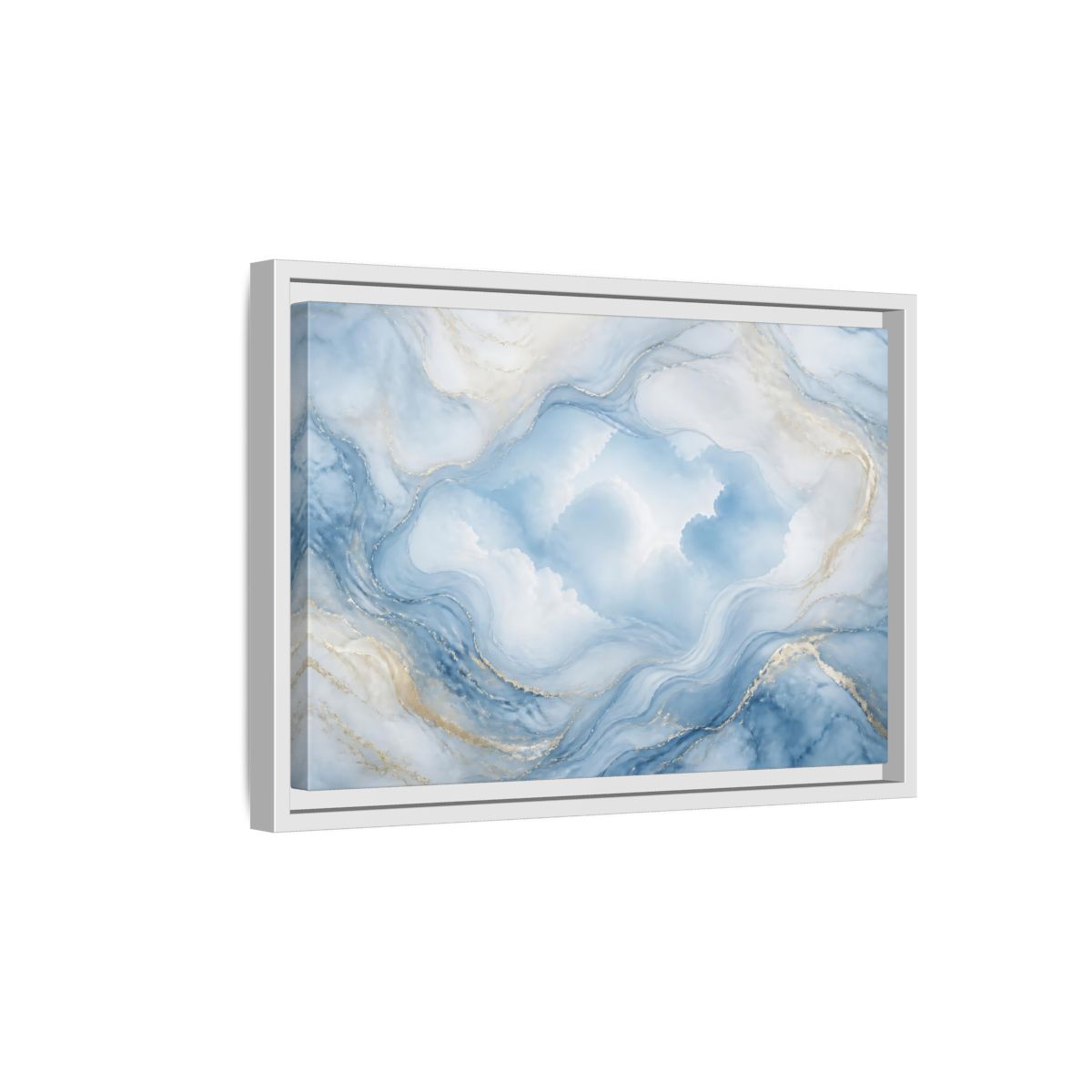 Side Mockup 4. Abstract Fluid Abstract Blue Gold Abstract shown as stretched canvas wall art
