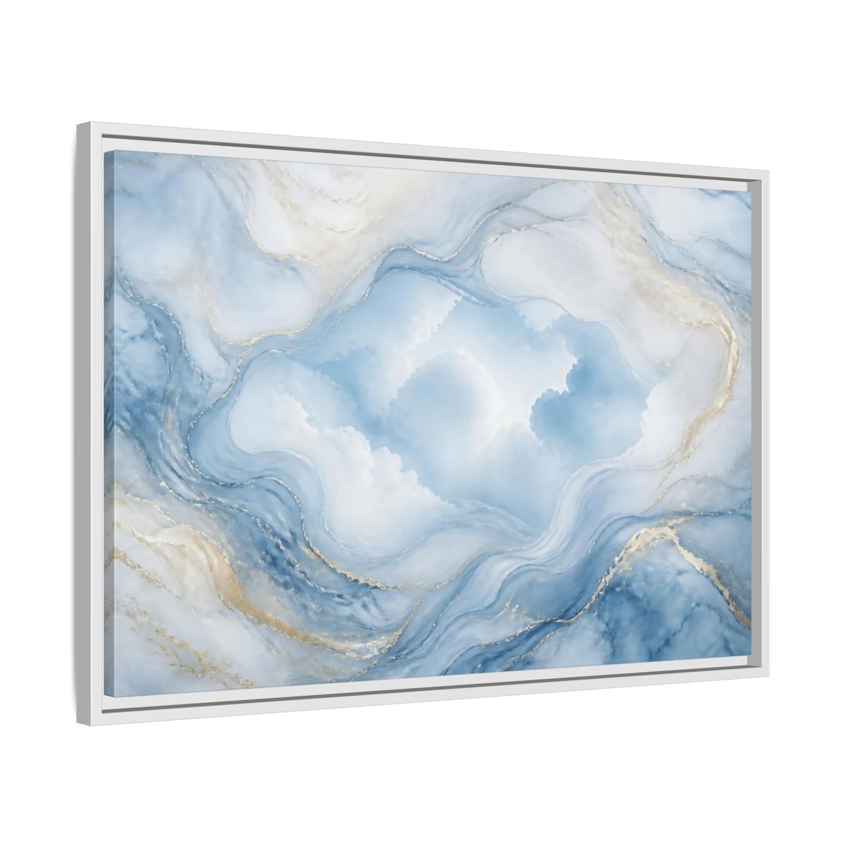 Side Mockup 10. Abstract Fluid Abstract Blue Gold Abstract shown as stretched canvas wall art