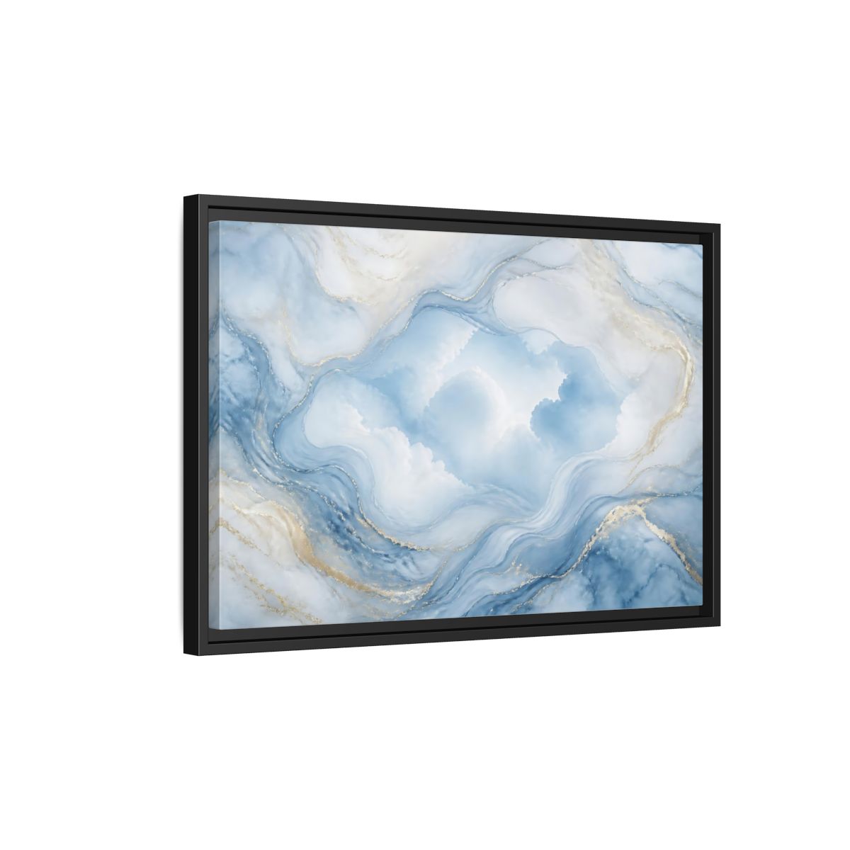 Side Mockup 3. Abstract Fluid Abstract Blue Gold Abstract shown as stretched canvas wall art