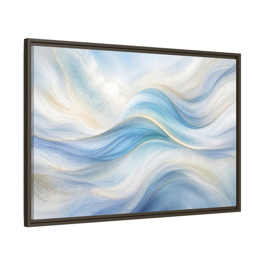 Main Mockup. Abstract Fluid Curves Blue And Gold shown as stretched canvas wall art