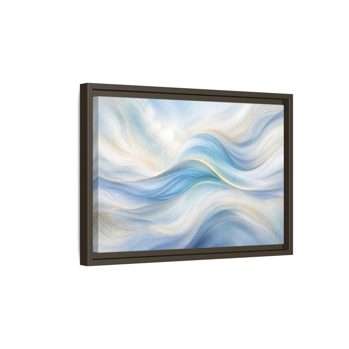 Side Mockup 5. Abstract Fluid Curves Blue And Gold shown as stretched canvas wall art