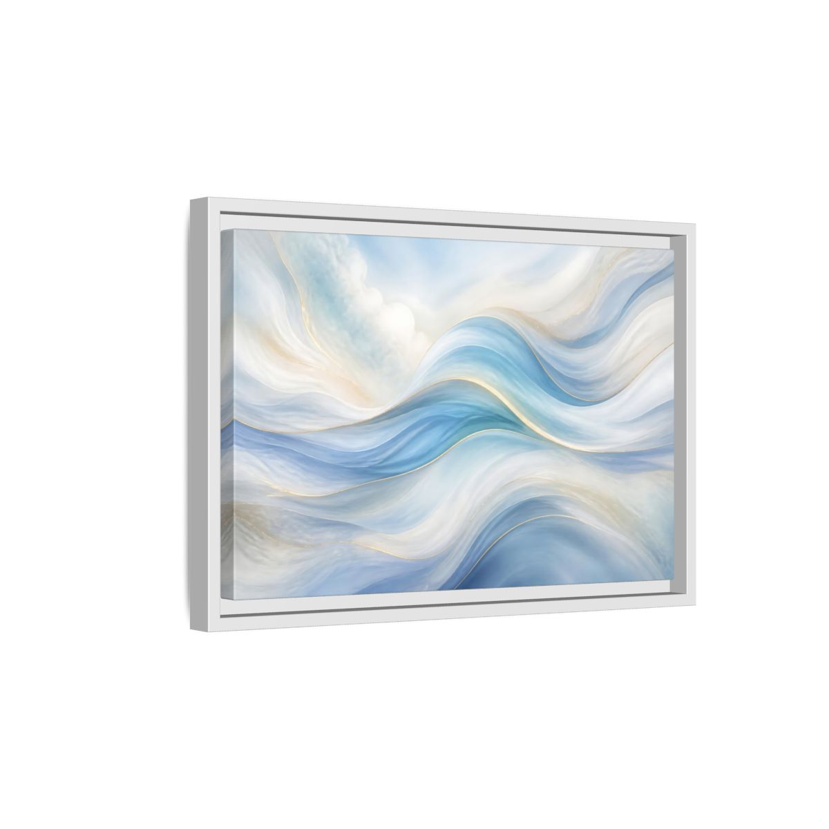 Side Mockup 4. Abstract Fluid Curves Blue And Gold shown as stretched canvas wall art