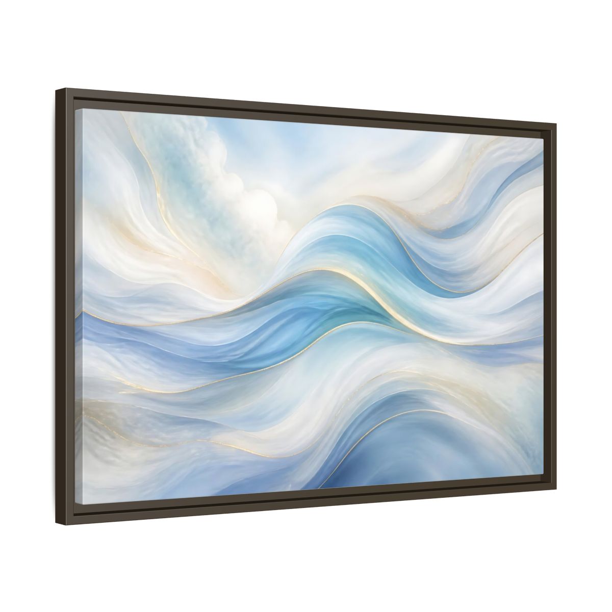 Side Mockup 11. Abstract Fluid Curves Blue And Gold shown as stretched canvas wall art