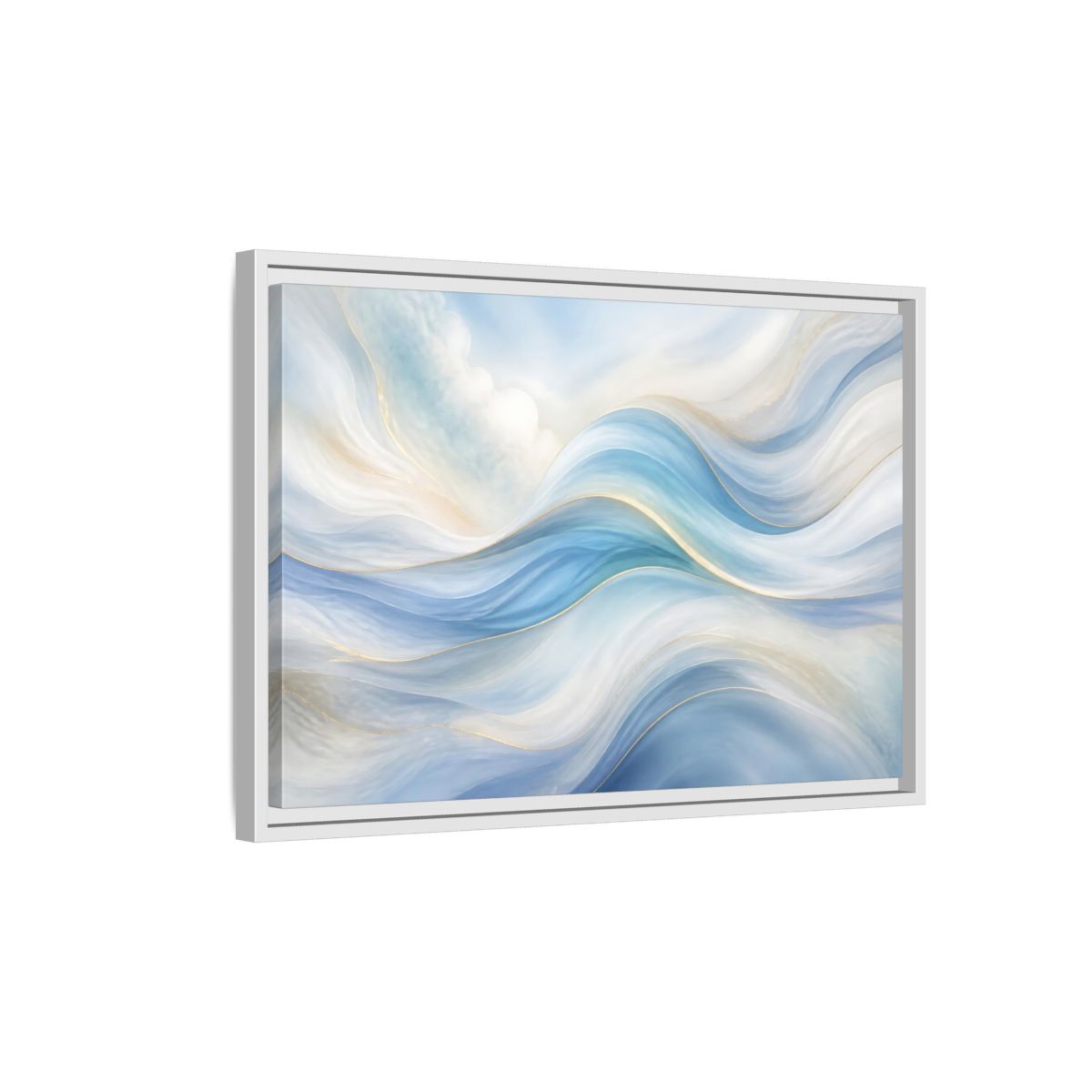 Side Mockup 1. Abstract Fluid Curves Blue And Gold shown as stretched canvas wall art
