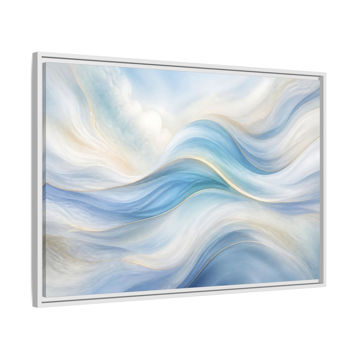 Side Mockup 9. Abstract Fluid Curves Blue And Gold shown as stretched canvas wall art