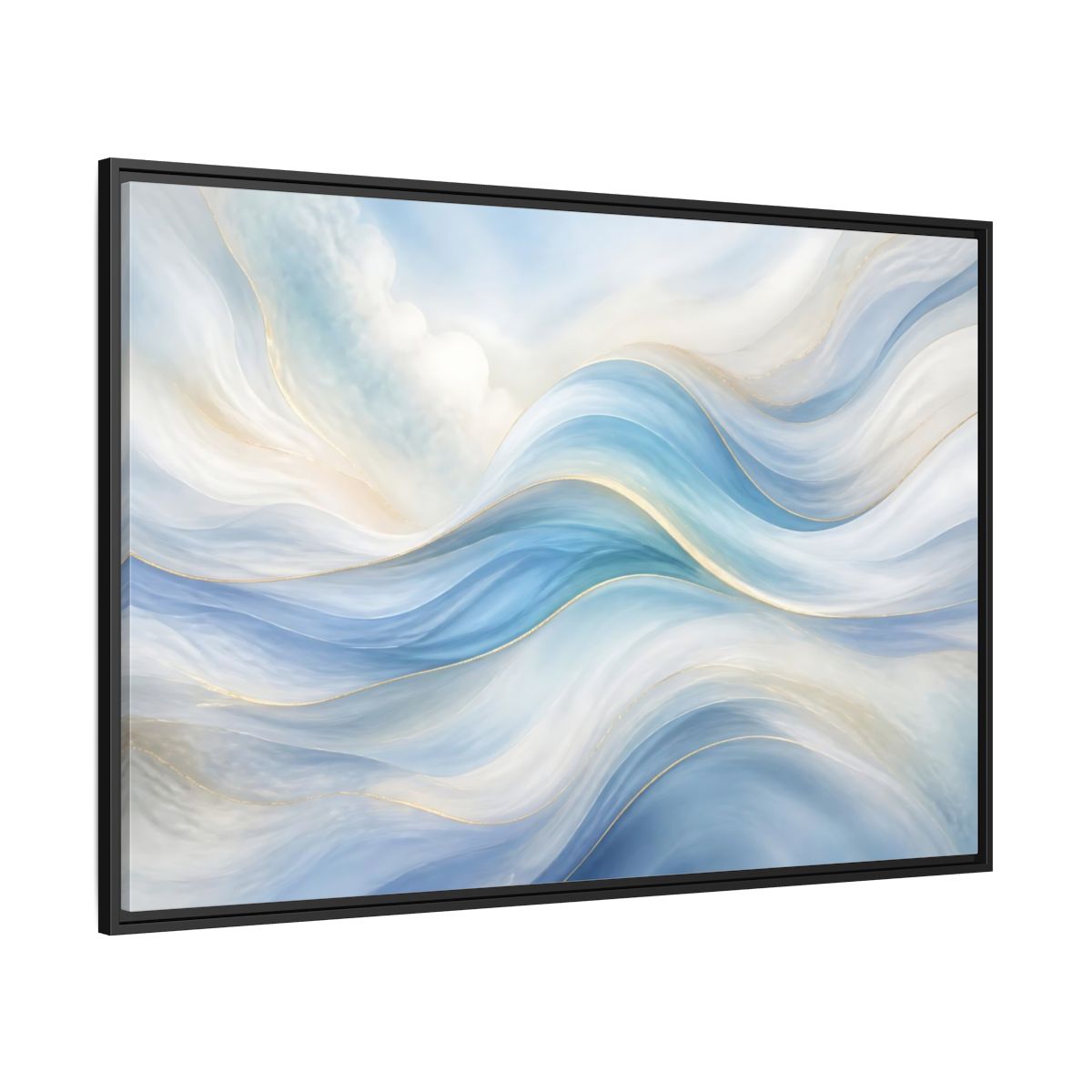 Side Mockup 12. Abstract Fluid Curves Blue And Gold shown as stretched canvas wall art