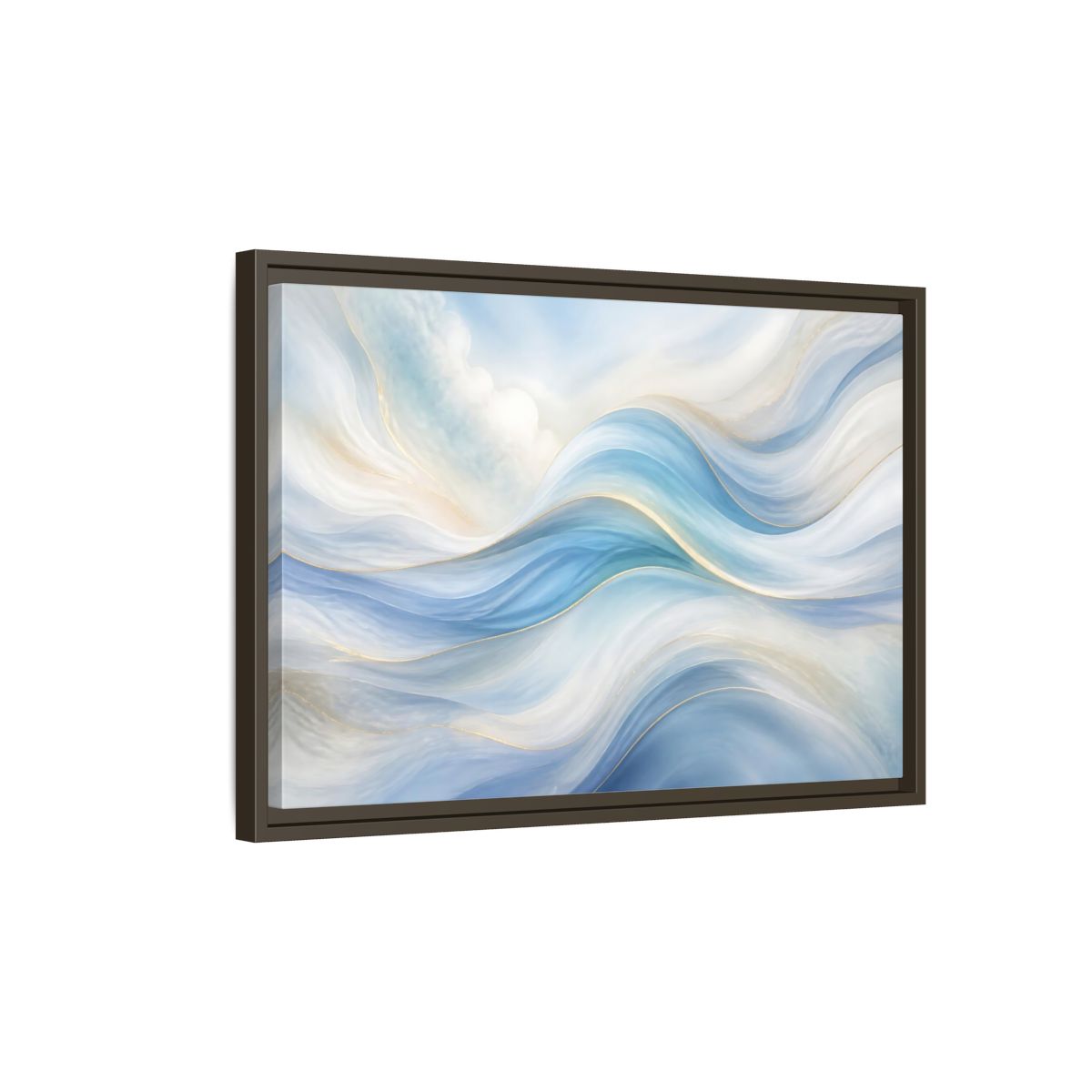 Side Mockup 2. Abstract Fluid Curves Blue And Gold shown as stretched canvas wall art