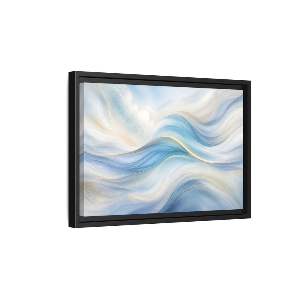 Side Mockup 6. Abstract Fluid Curves Blue And Gold shown as stretched canvas wall art
