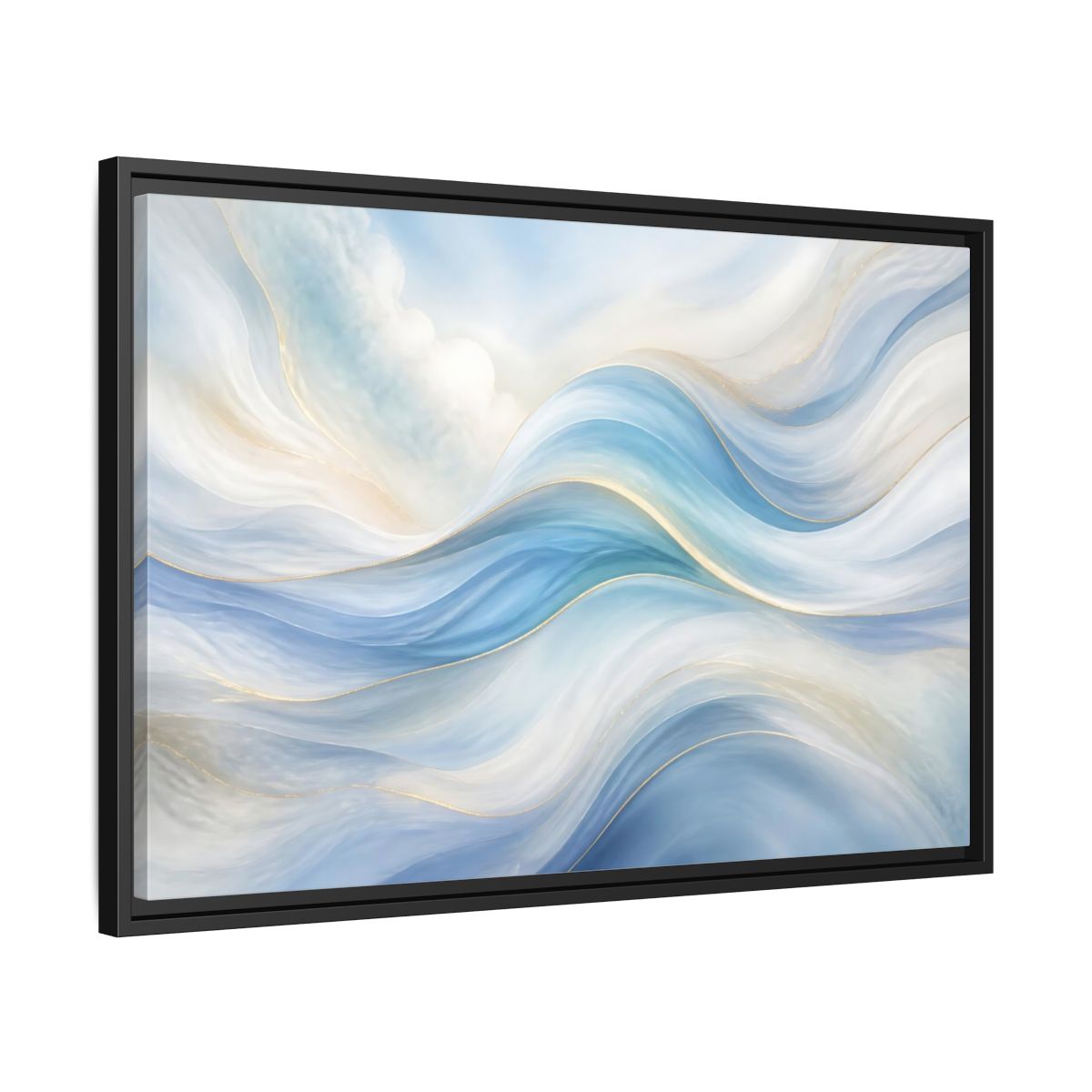 Side Mockup 14. Abstract Fluid Curves Blue And Gold shown as stretched canvas wall art