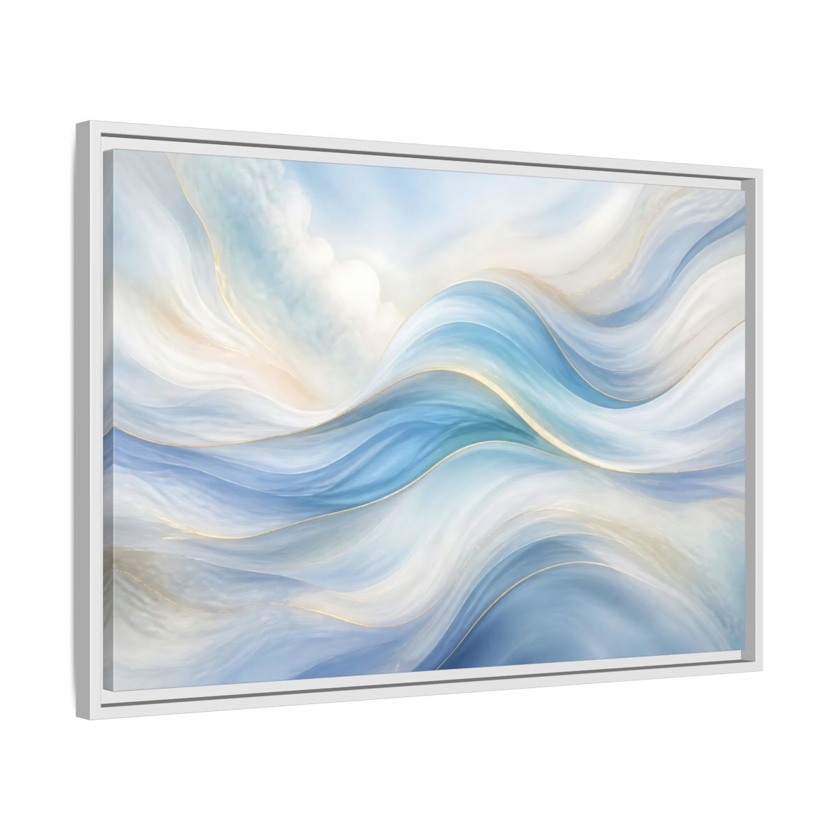 Side Mockup 10. Abstract Fluid Curves Blue And Gold shown as stretched canvas wall art