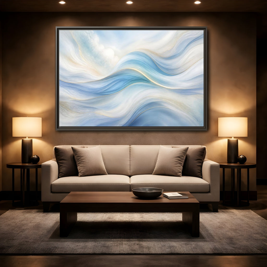 Mockup 2. Abstract Fluid Curves Blue And Gold shown as stretched canvas wall art