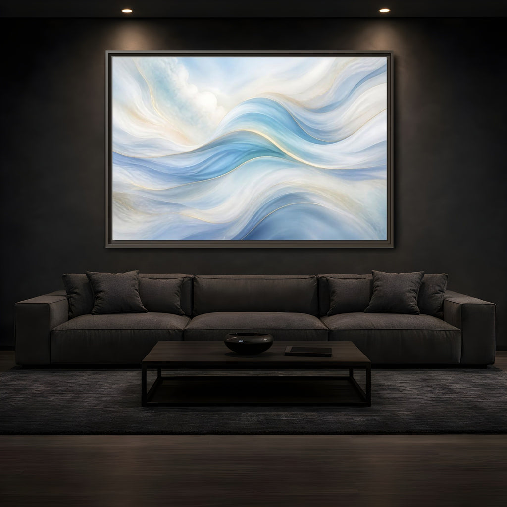 Mockup 3. Abstract Fluid Curves Blue And Gold shown as stretched canvas wall art