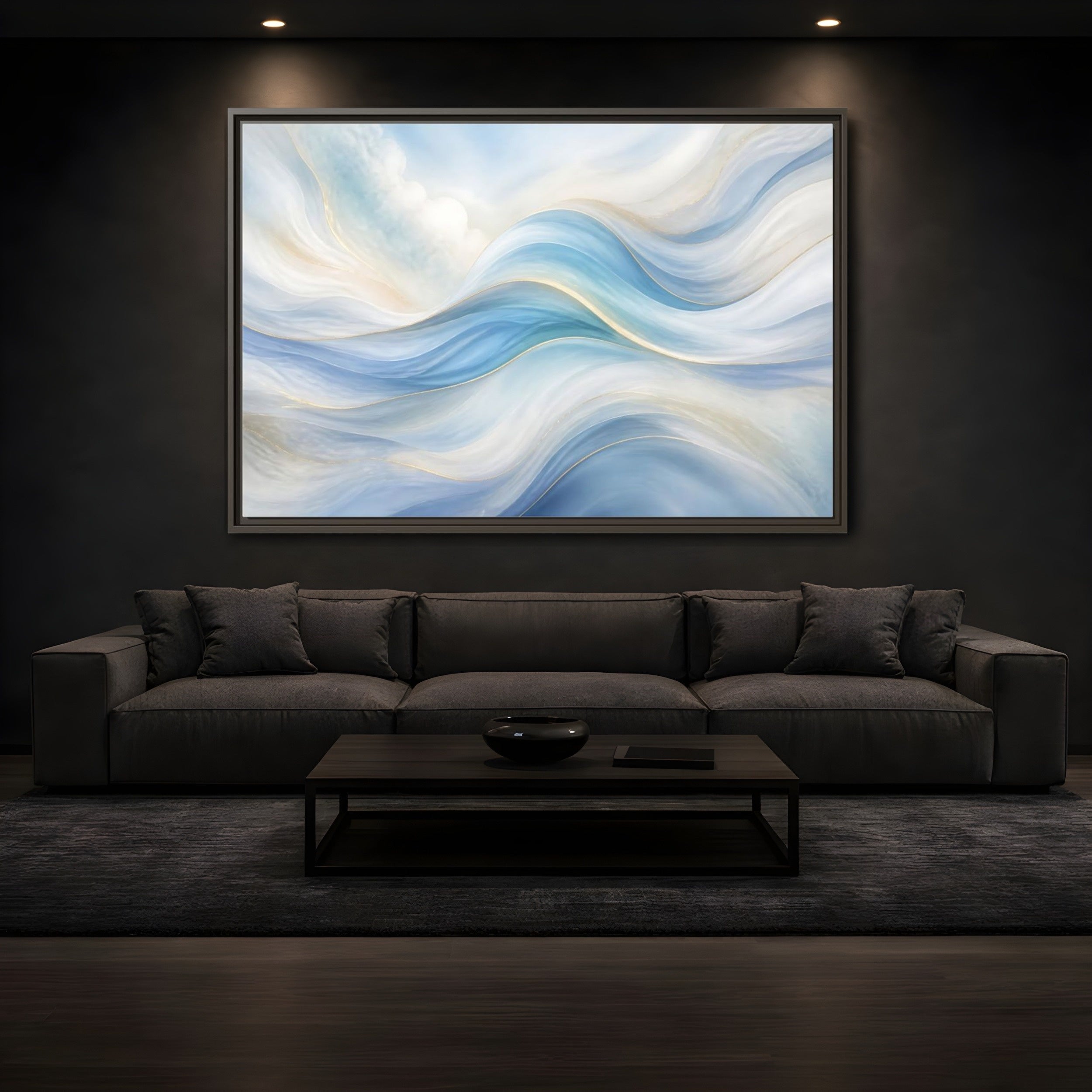 Mockup 3. Abstract Fluid Curves Blue And Gold shown as stretched canvas wall art