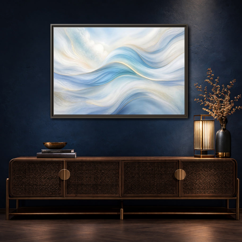 Mockup 4. Abstract Fluid Curves Blue And Gold shown as stretched canvas wall art