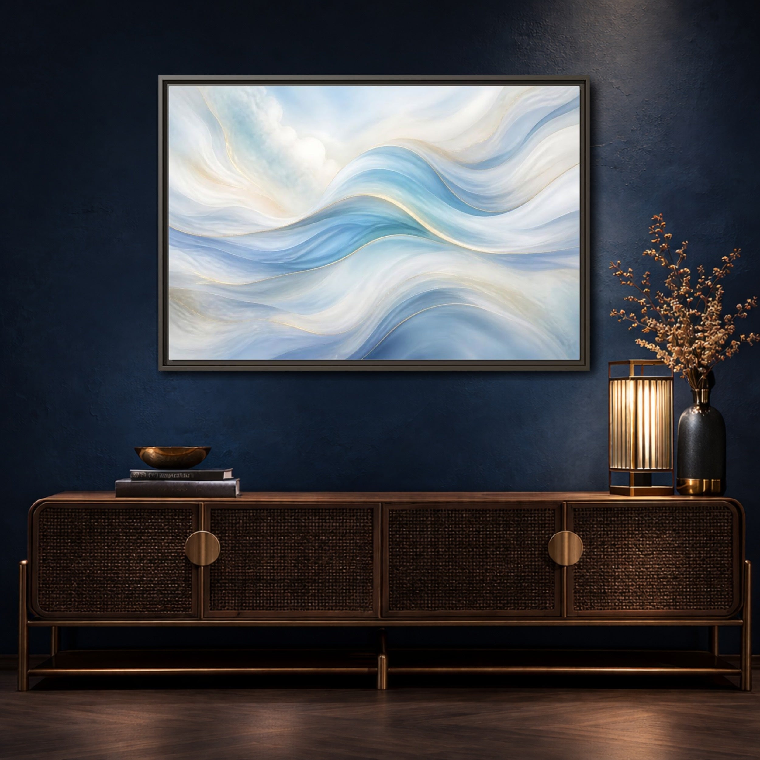 Mockup 4. Abstract Fluid Curves Blue And Gold shown as stretched canvas wall art