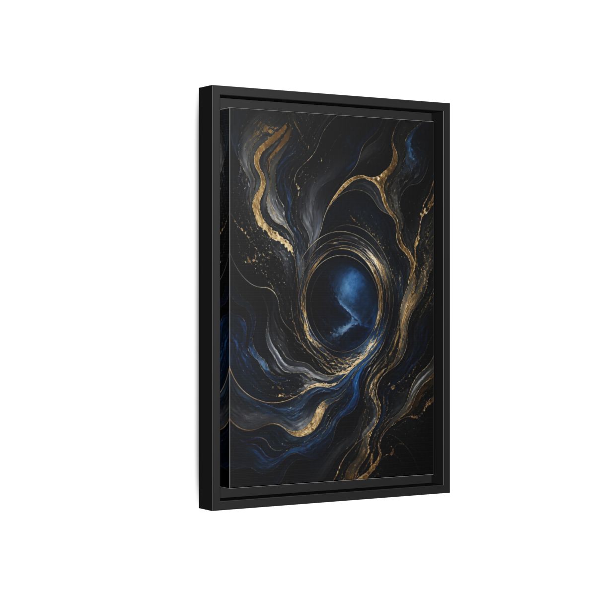 Side Mockup 6. Abstract Abstract Fluid Dark Blue Gold shown as stretched canvas wall art