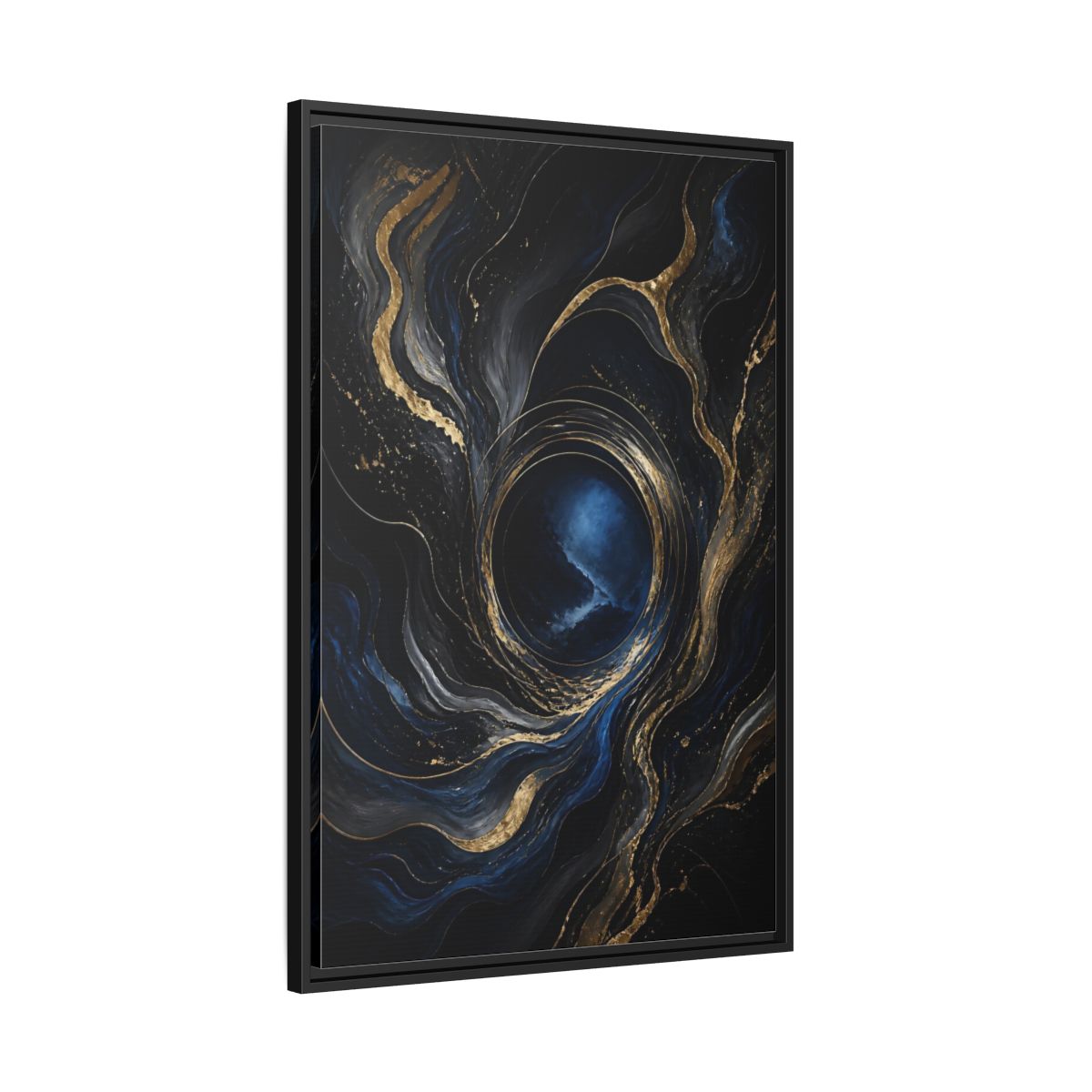 Side Mockup 13. Abstract Abstract Fluid Dark Blue Gold shown as stretched canvas wall art