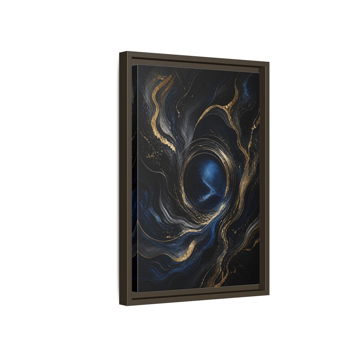 Side Mockup 5. Abstract Abstract Fluid Dark Blue Gold shown as stretched canvas wall art