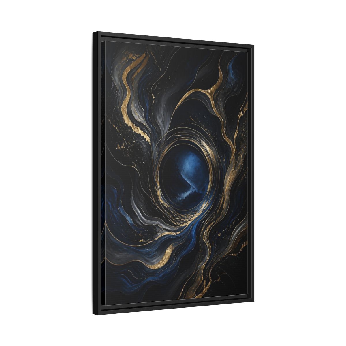 Side Mockup 14. Abstract Abstract Fluid Dark Blue Gold shown as stretched canvas wall art