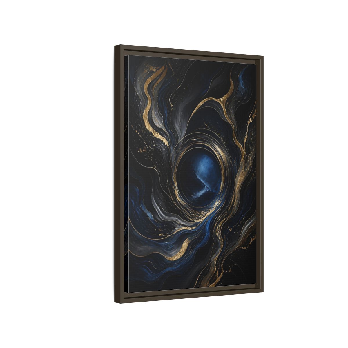 Side Mockup 2. Abstract Abstract Fluid Dark Blue Gold shown as stretched canvas wall art