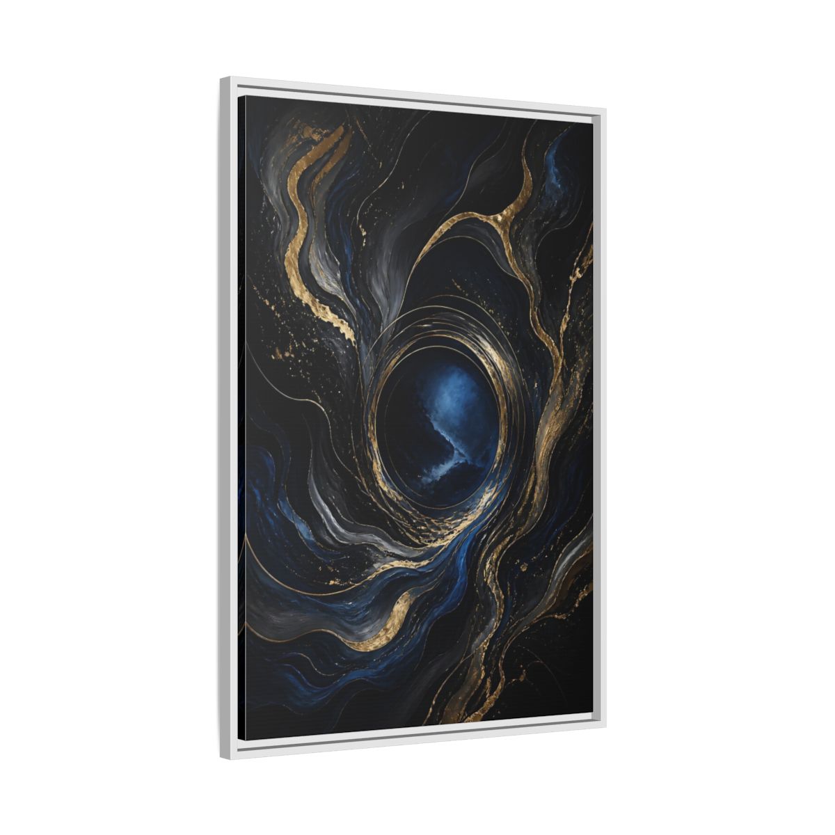 Side Mockup 9. Abstract Abstract Fluid Dark Blue Gold shown as stretched canvas wall art
