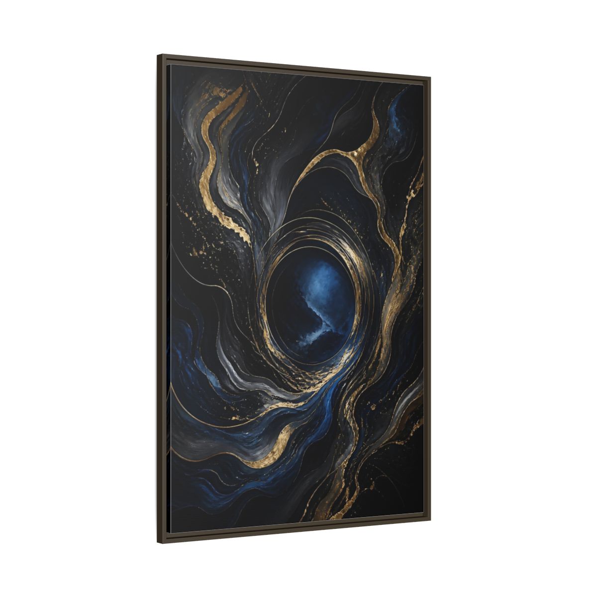 Side Mockup 8. Abstract Abstract Fluid Dark Blue Gold shown as stretched canvas wall art