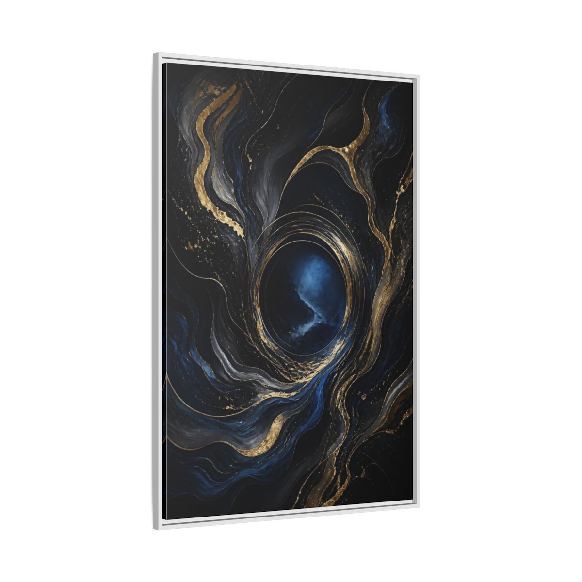 Side Mockup 7. Abstract Abstract Fluid Dark Blue Gold shown as stretched canvas wall art