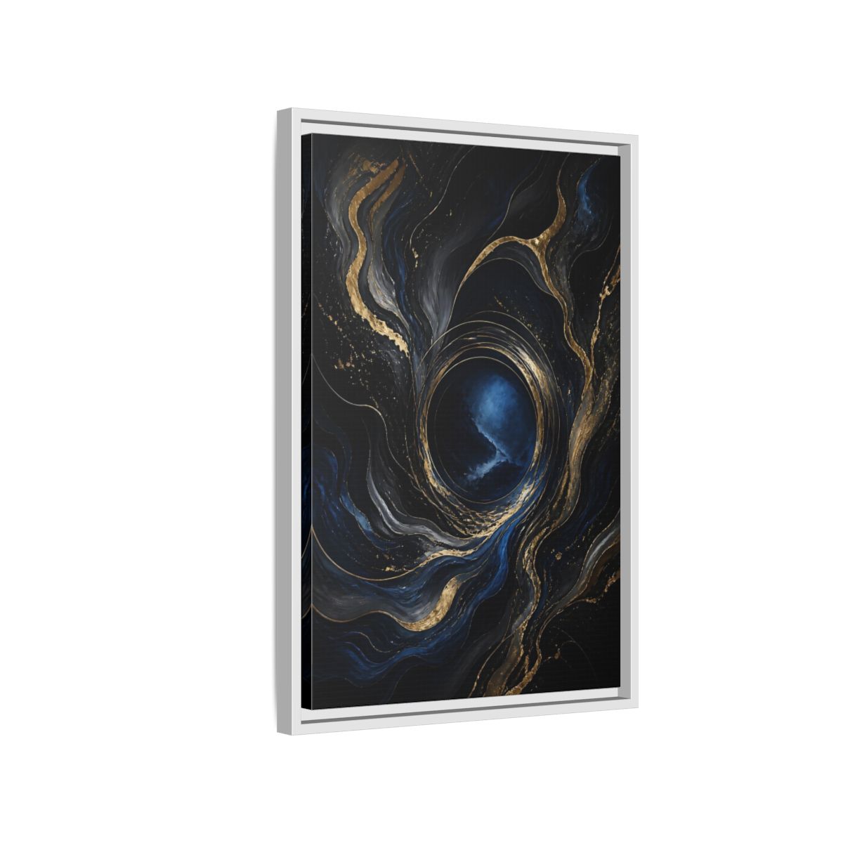 Side Mockup 1. Abstract Abstract Fluid Dark Blue Gold shown as stretched canvas wall art