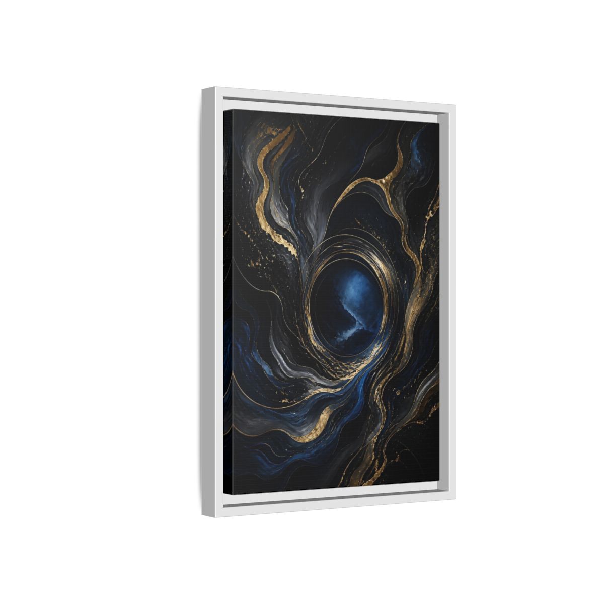Side Mockup 4. Abstract Abstract Fluid Dark Blue Gold shown as stretched canvas wall art
