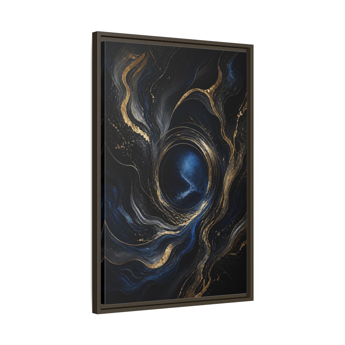 Side Mockup 11. Abstract Abstract Fluid Dark Blue Gold shown as stretched canvas wall art