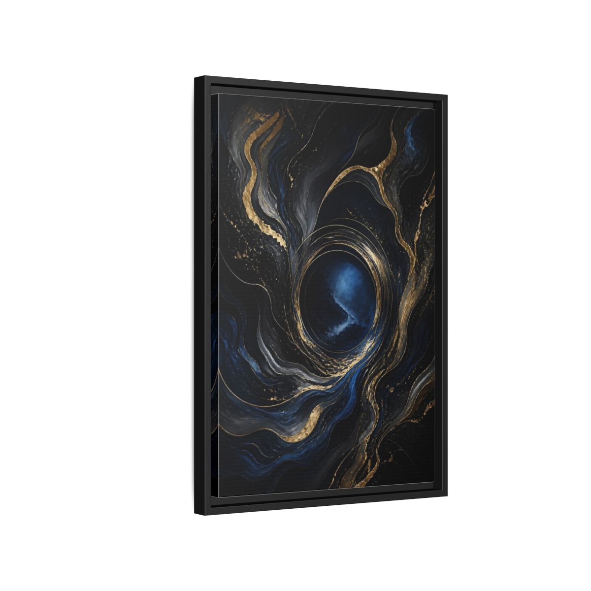Side Mockup 3. Abstract Abstract Fluid Dark Blue Gold shown as stretched canvas wall art