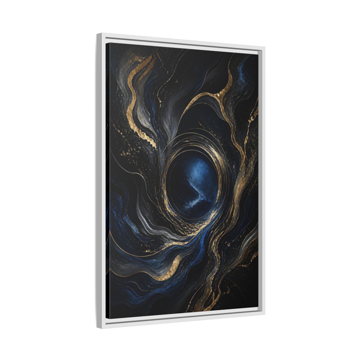 Side Mockup 10. Abstract Abstract Fluid Dark Blue Gold shown as stretched canvas wall art