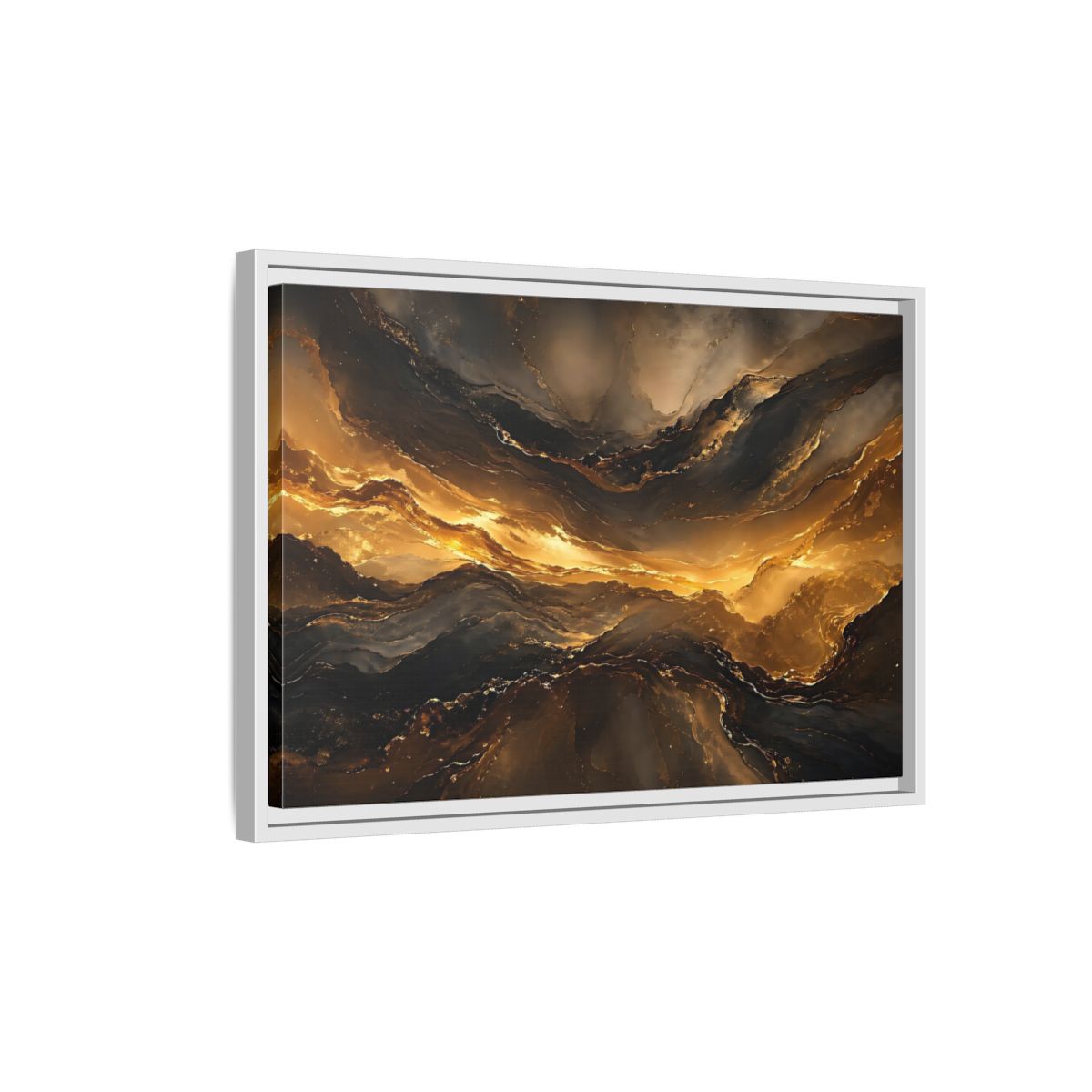 Side Mockup 1. Abstract Fluid Gold Gold And Black Abstract shown as stretched canvas wall art