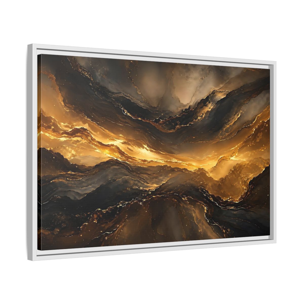 Side Mockup 10. Abstract Fluid Gold Gold And Black Abstract shown as stretched canvas wall art