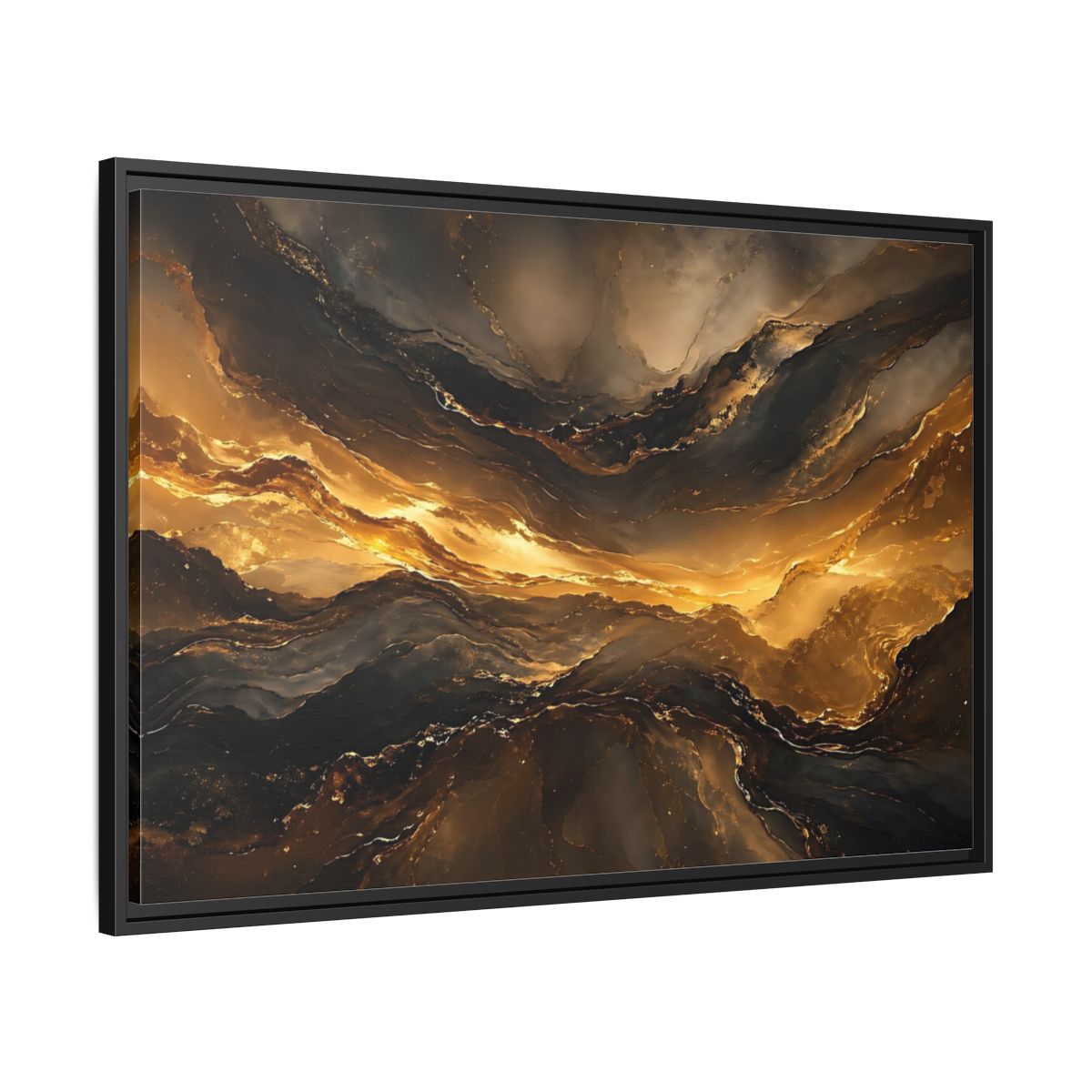 Side Mockup 13. Abstract Fluid Gold Gold And Black Abstract shown as stretched canvas wall art
