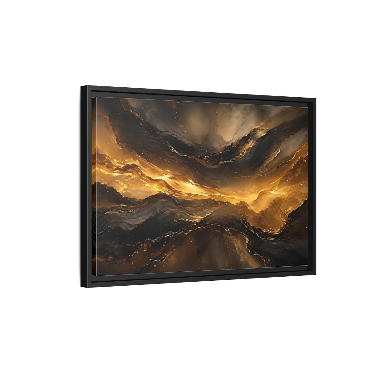 Side Mockup 3. Abstract Fluid Gold Gold And Black Abstract shown as stretched canvas wall art