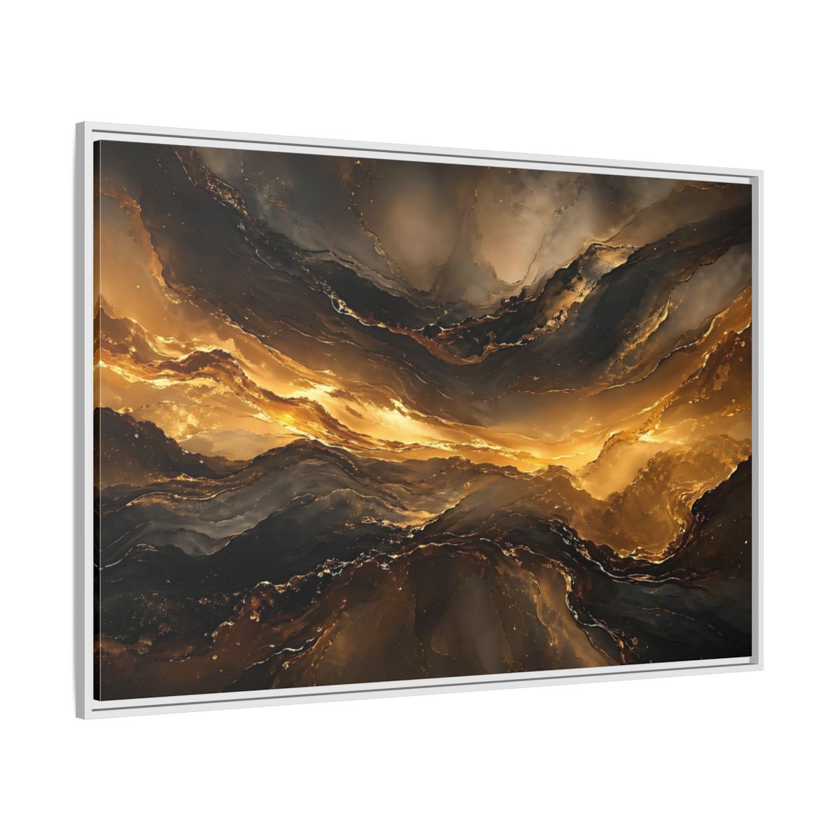 Side Mockup 7. Abstract Fluid Gold Gold And Black Abstract shown as stretched canvas wall art