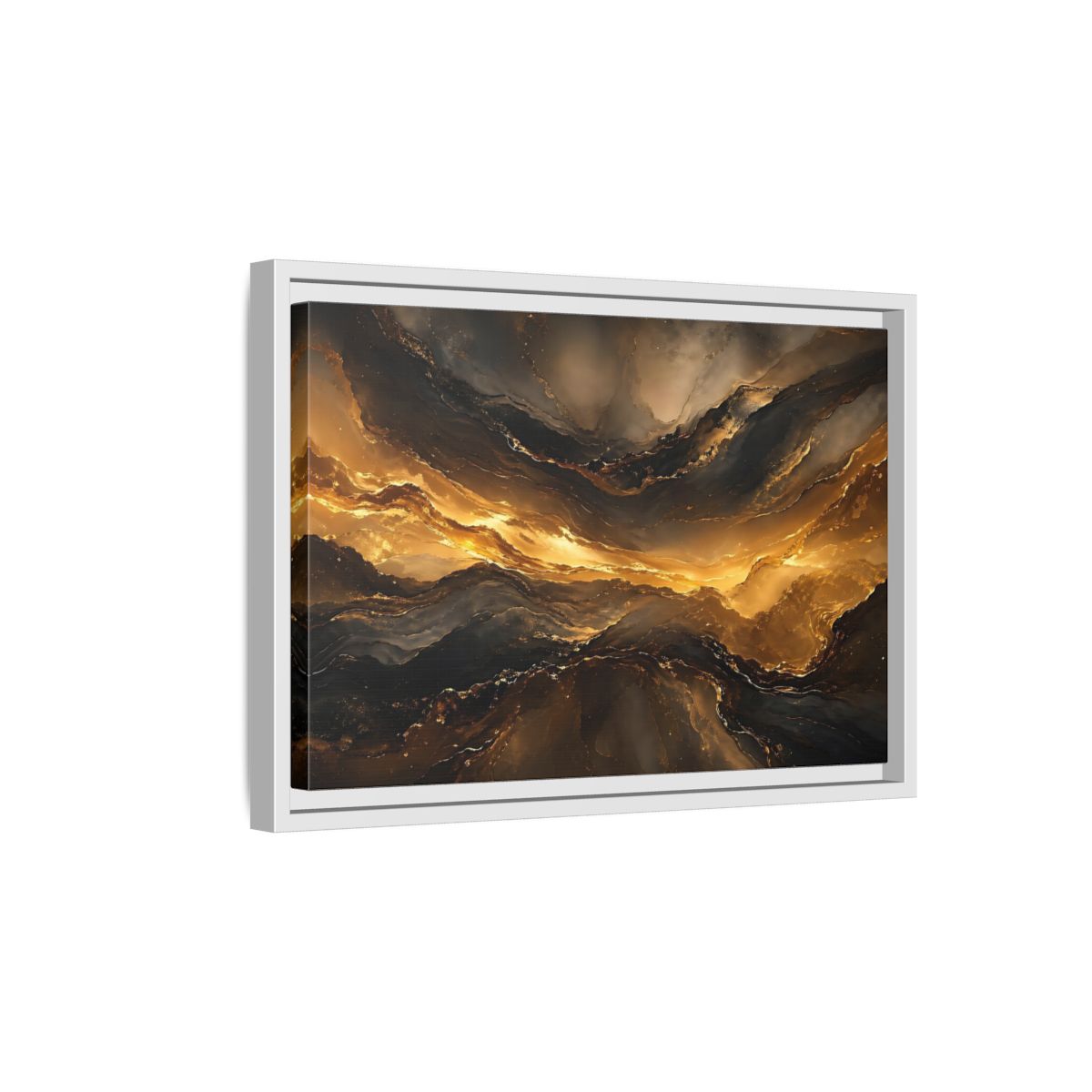 Side Mockup 4. Abstract Fluid Gold Gold And Black Abstract shown as stretched canvas wall art