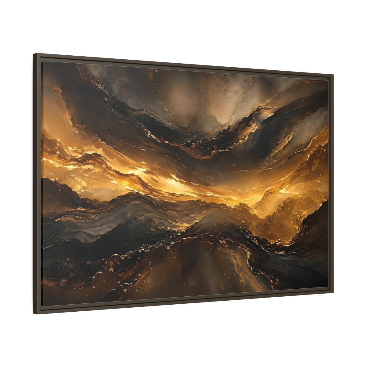 Side Mockup 8. Abstract Fluid Gold Gold And Black Abstract shown as stretched canvas wall art