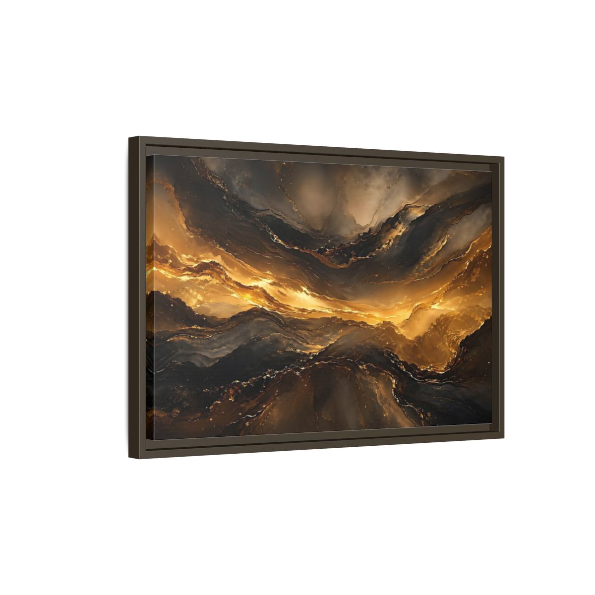Side Mockup 2. Abstract Fluid Gold Gold And Black Abstract shown as stretched canvas wall art