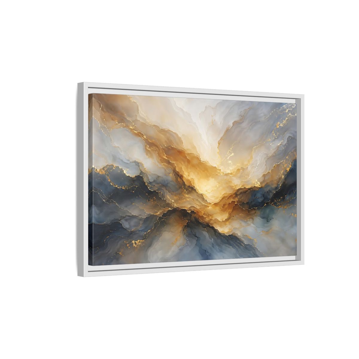 Side Mockup 1. Abstract Fluid Abstract Gold And Blue Abstract shown as stretched canvas wall art