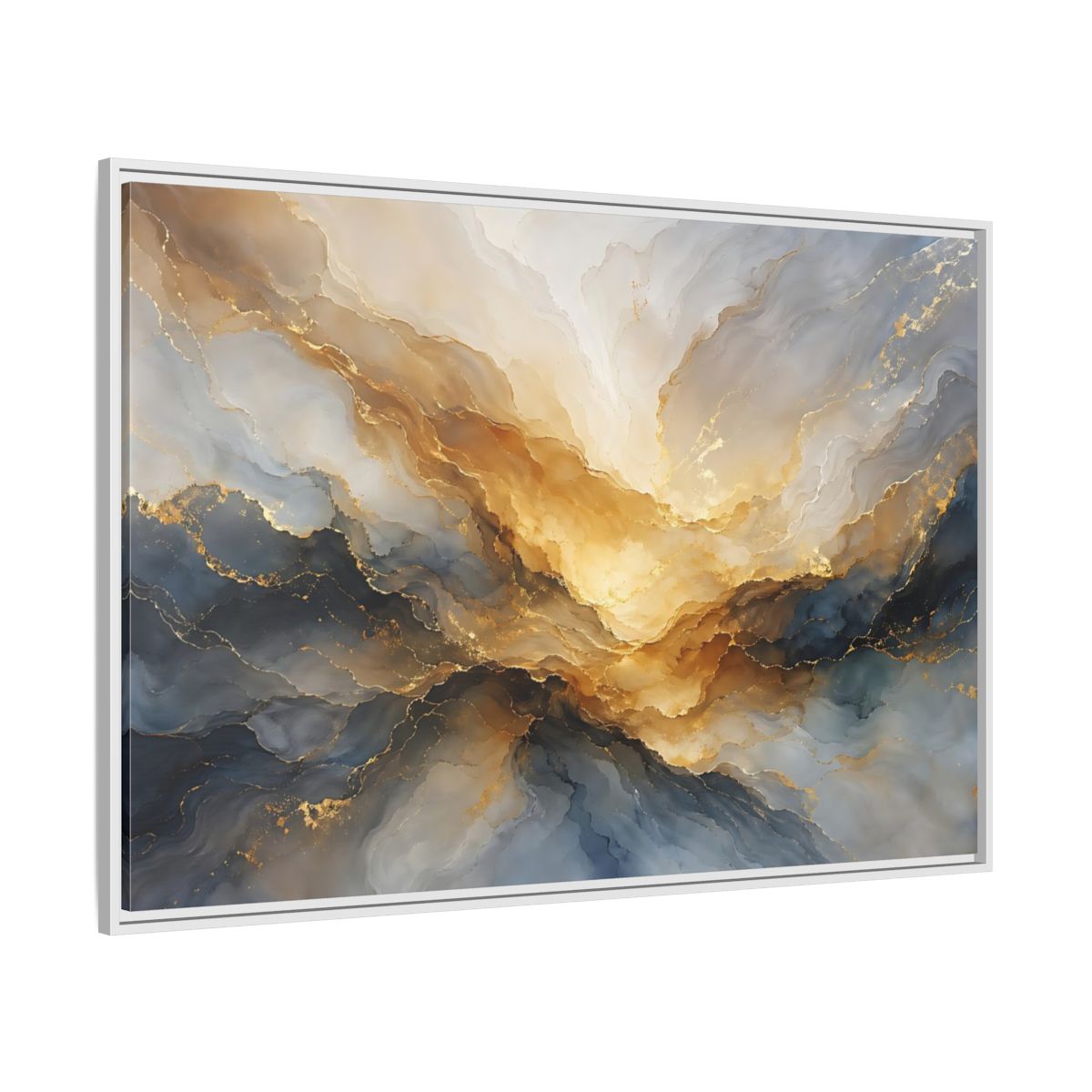 Side Mockup 7. Abstract Fluid Abstract Gold And Blue Abstract shown as stretched canvas wall art